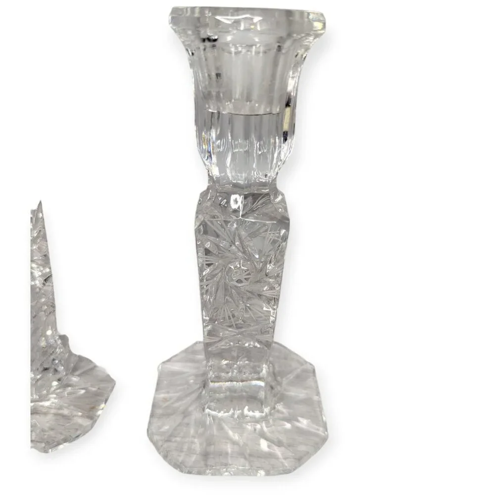 Vintage Pair Set Cut Lead Crystal Candle Stick Holders Pinwheel Pattern 6
